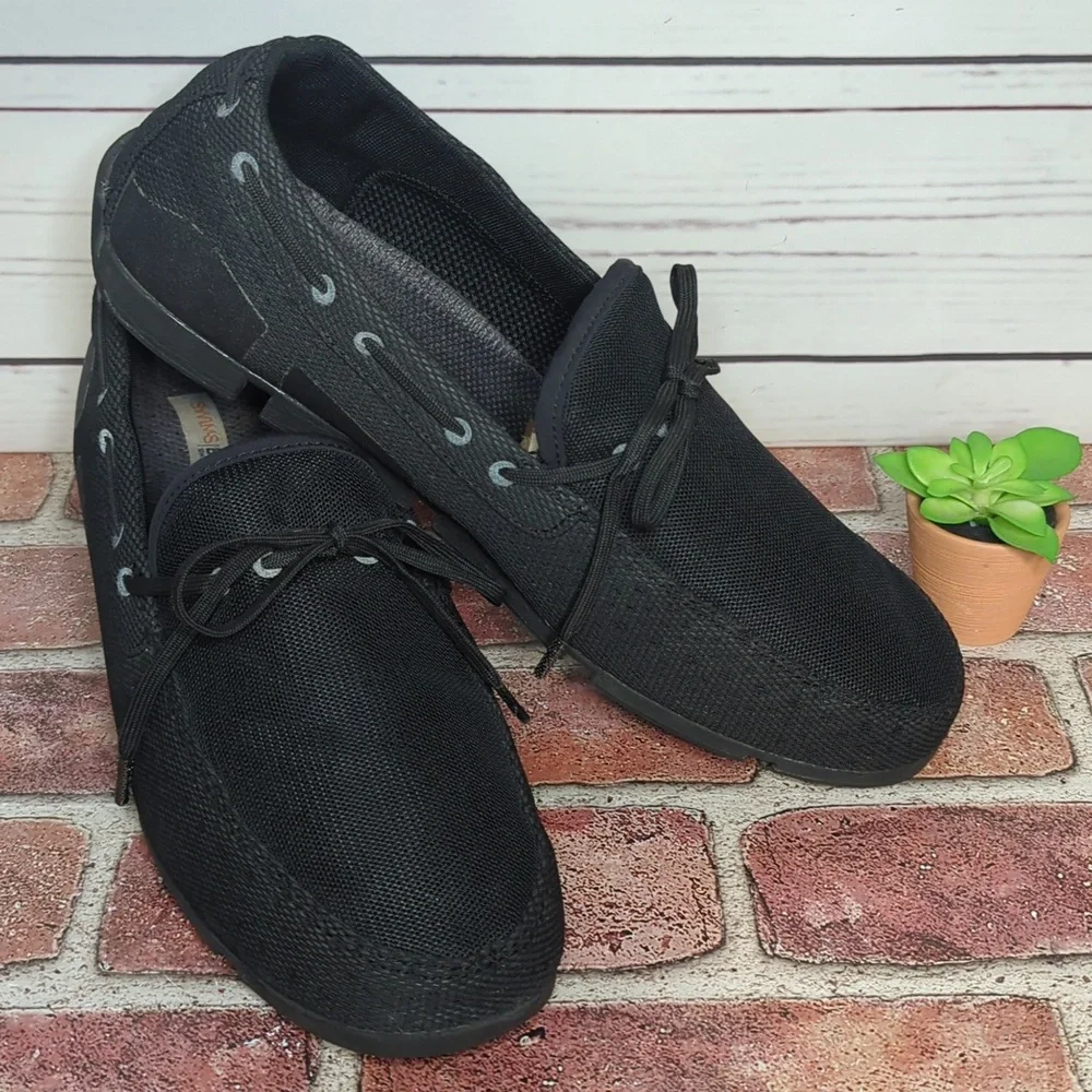Swims Black Mesh Lace-Trim Slip-On Loafers